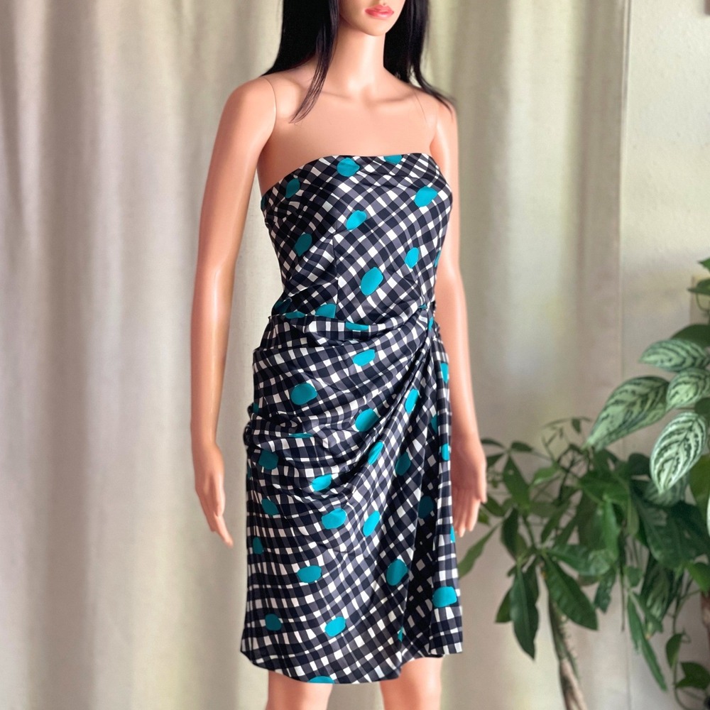 Susana Monaco Strapless Gingham Polka Dot Draped Mini Dress Teal Black Sample 4